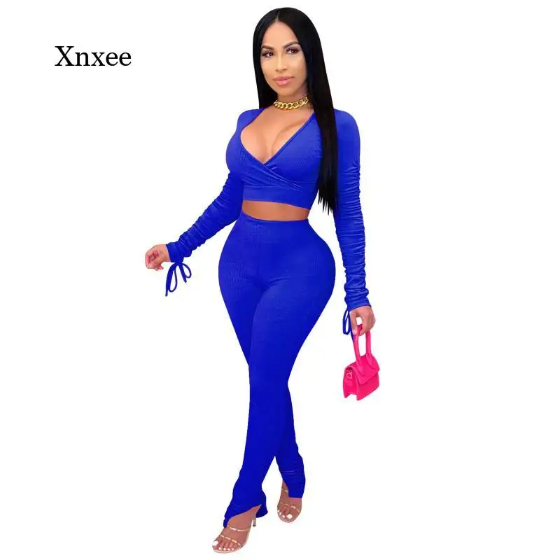 

Однотонный женский повседневный комплект из двух предметов с коротким пупком с длинным рукавом и V-образным вырезом облегающий комплект-карандаш из двух предметов