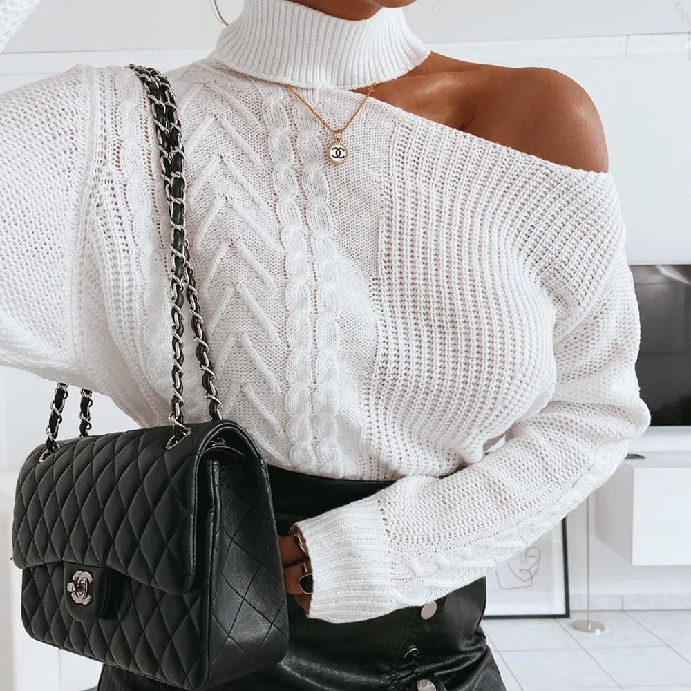 

SWEETKAMAWinter Women Sweaters Solid Casual One Shoulder Pullover Basic Jumper Autumn Turtleneck Knitted Knit Sweater Female