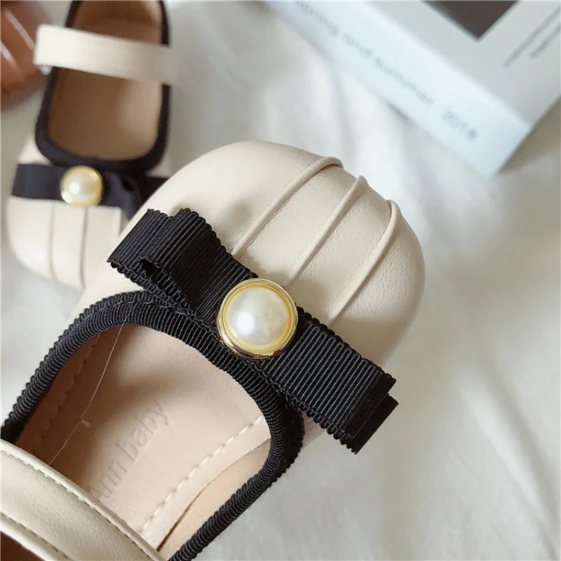 

1-7T Spring Autumn Kids Girls Casual Pearl Bow Princess Shoes Leather Round Toe With Soft Soles