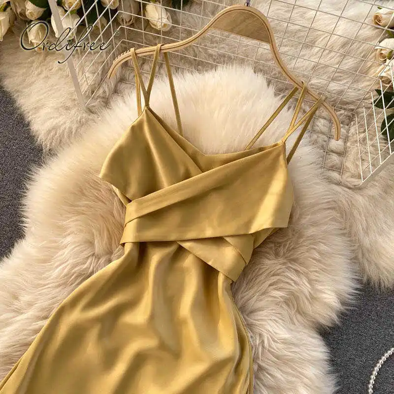 

2021 Summer Women Satin Slip Dress Backless Spaghetti Strap Bow Tunic Belted Elegant Vacation Sexy Party Midi Dress