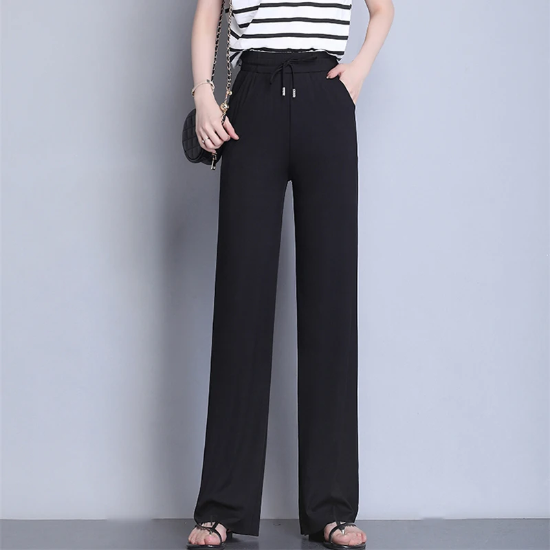 

Casual Elastic High Waist Knitted Wide Leg Pants Women Plus Size Straight Leg Trousers Korean Summer Solid Loose Pants Female