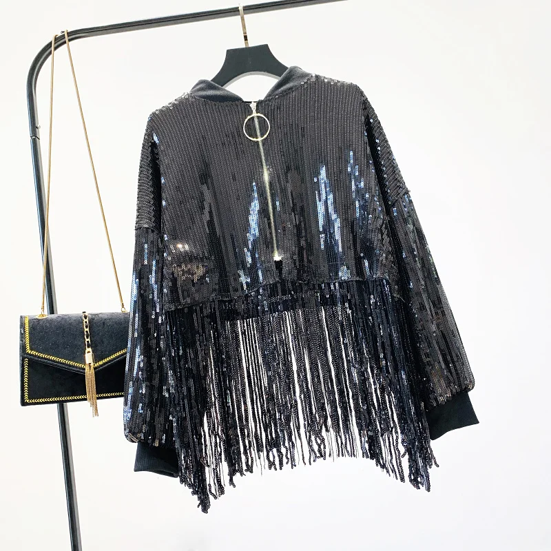 

Куртка-бомбер с блестками и бахромой, осень 2020, женские блестящие золотые пальто, свободные куртки с высокой талией в стиле панк, блестящие т...