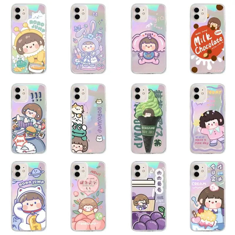 

Cute anime girl snacks Phone Case for iPhone huawei P 7 8 9 11 12 10 30 40 S X XS XR MINI Pro Max Plus laser Transparent Glitter