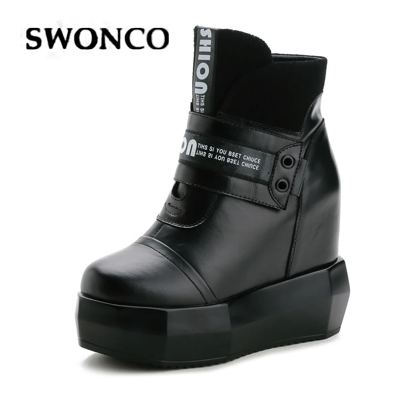 

SWONCO Genuine Leather Snow Boots Lady Black Sneakers Paltform Winter Shoes Female 2019 Winter Women Ankle Boots Chunky Heels