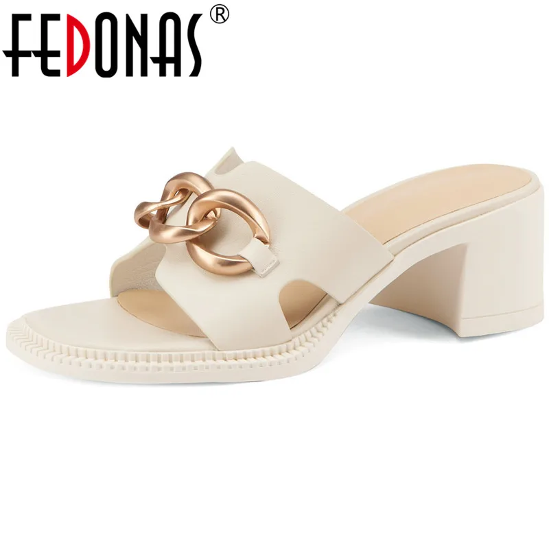 

FEDONAS Punk Metal Decoration Female Slipper Genuine Leather Summer High Heels Sandals Women 2021 Party Night Club Shoes Woman