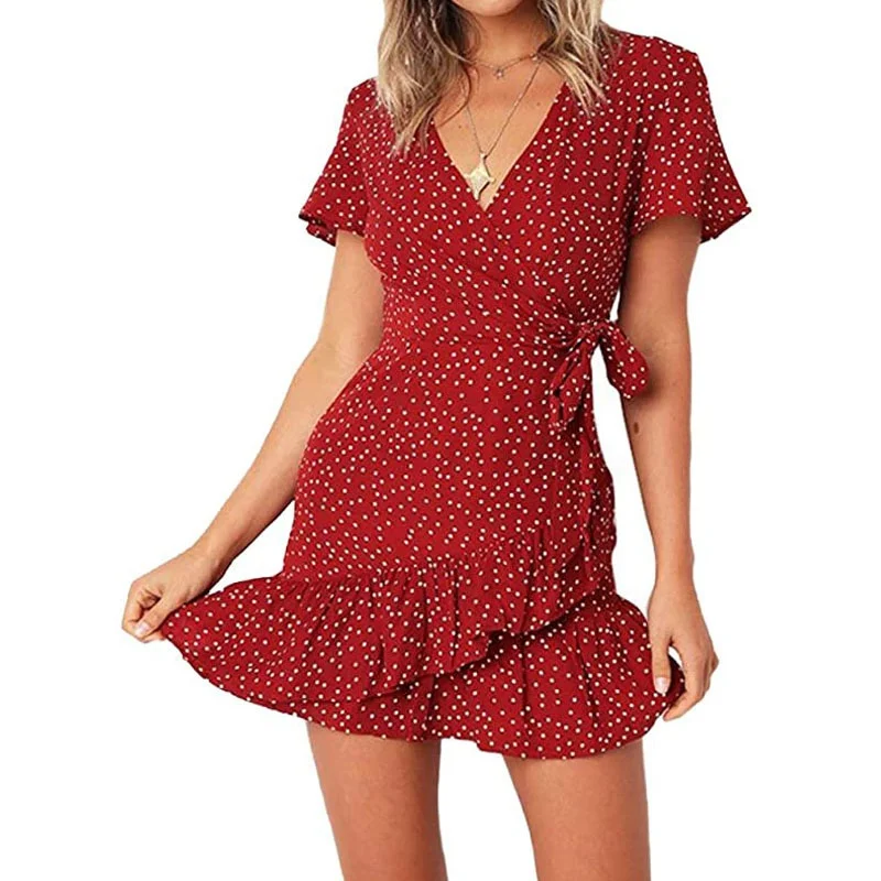 

Women's Summer Wrap V Neck Polka Dot Print Ruffle Short Sleeve Mini Floral Dress with Belt