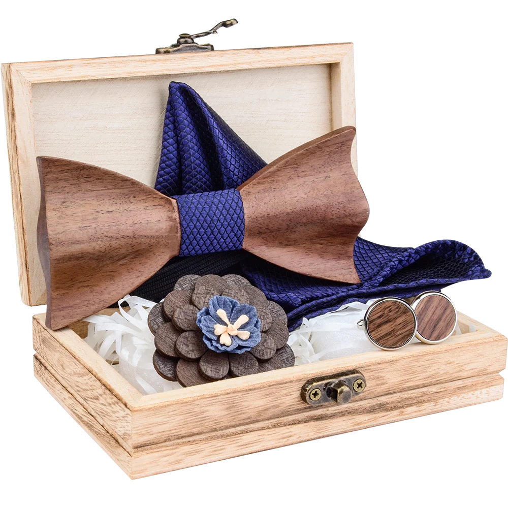 Новый Темно Синий 3D деревянный галстук бабочка носовой платок запонки Броши