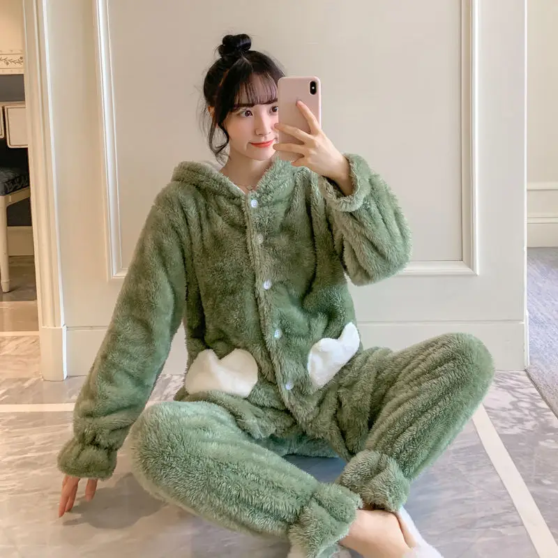 Зимний пижамный комплект для женщин фланелевый толстый теплый топ и штаны