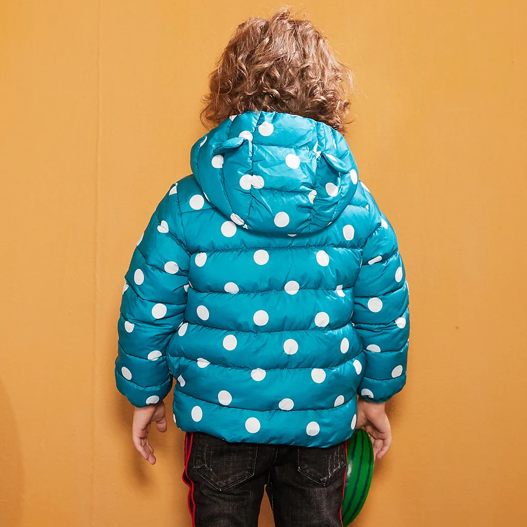 Модные детские пальто 2019 г. Зимнее толстое теплое в горошек на молнии с капюшоном