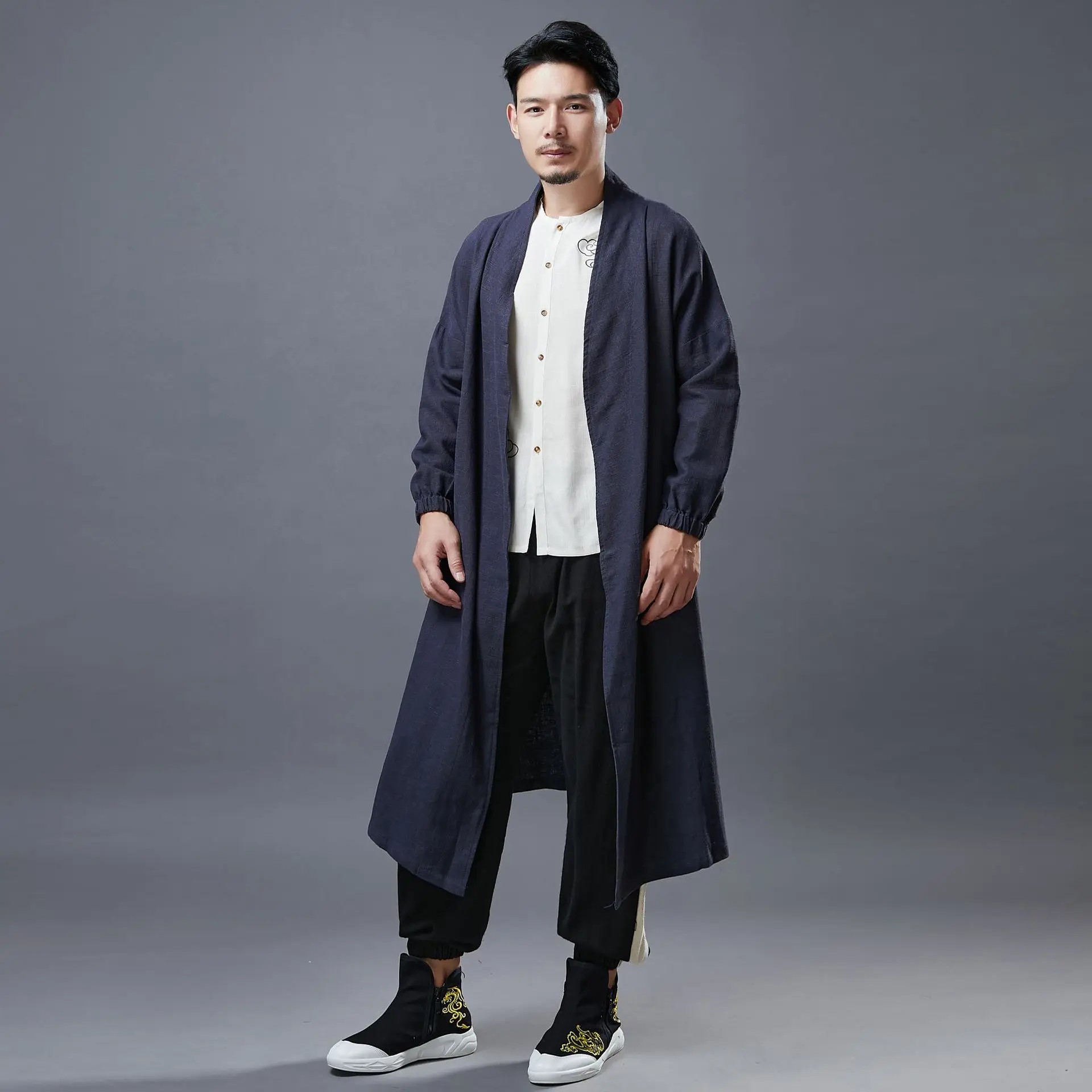 

Men Back Chinese Style Button Long Loose Casual Cotton Linen Windbreaker Cardigan Trench Coat Male Streetwear Jacket Outerwear