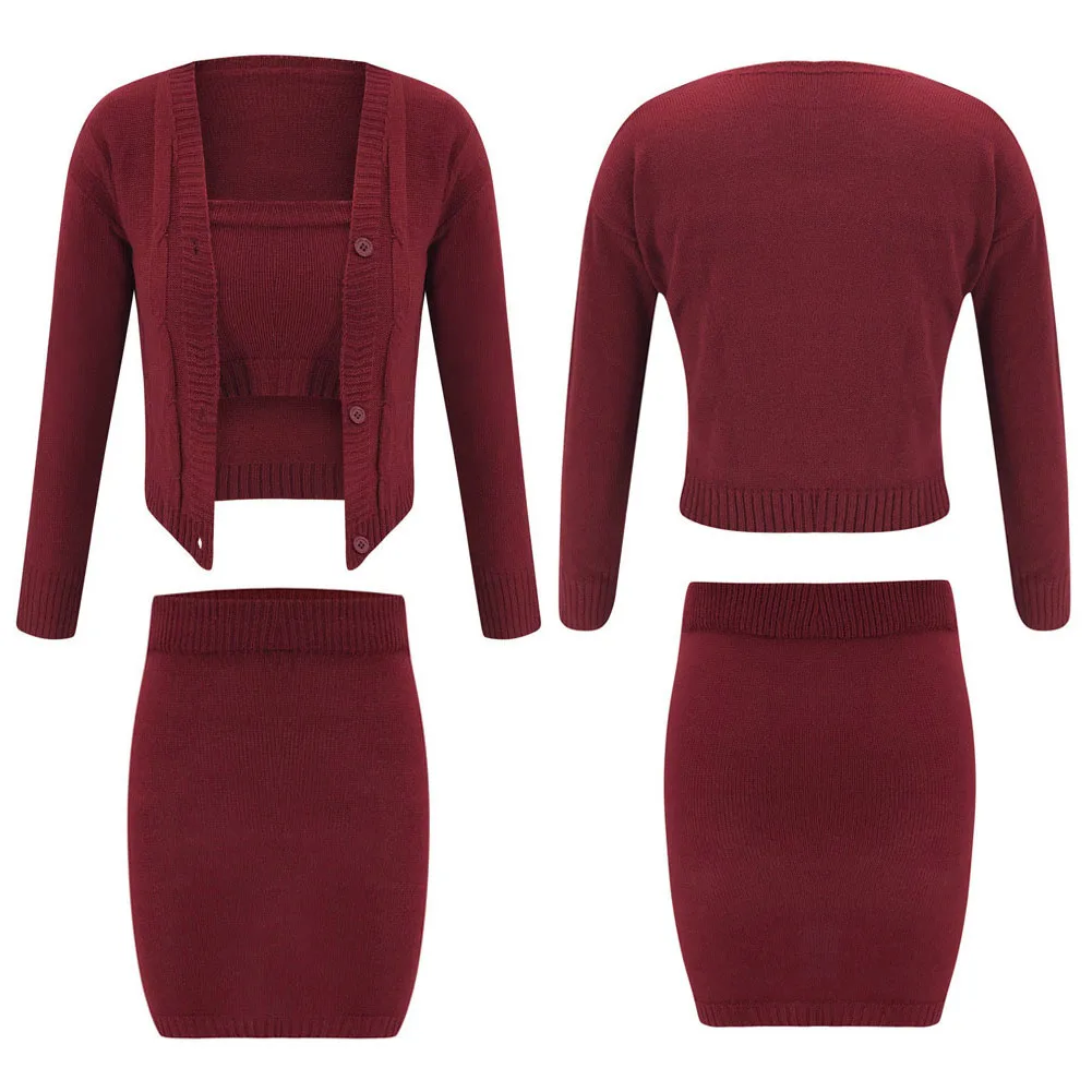 

3Pcs Women Sexy Knitted Outfits Autumn Winter Solid Tube Crop Top + Mini Skirt + Long Sleeve Cardigan Sweater Sets