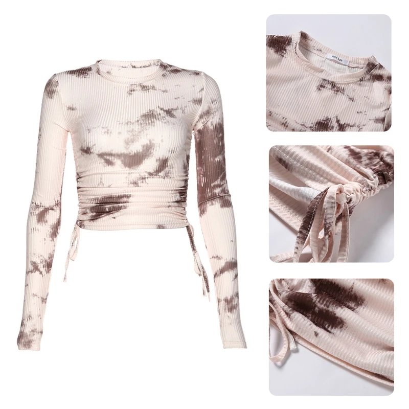 

Women Long Sleeve O-Neck T-Shirt Gradient Tie-Dye Printed Bodycon Crop Top Side Ruched Drawstring Bandage Ribbed Shirts