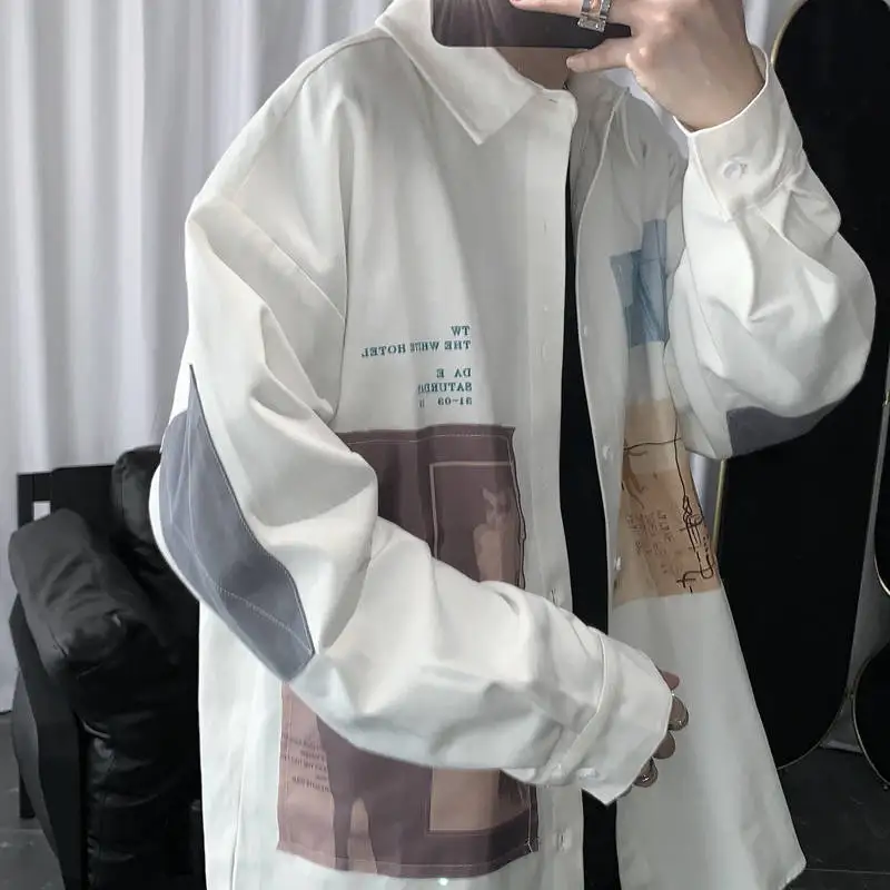 

Spring Patchwork Cotton Shirts Men Casual Hip Hop Shirt Streetwear Long Sleeve Casual Slim Fit Shirts Fashion High Street Tops