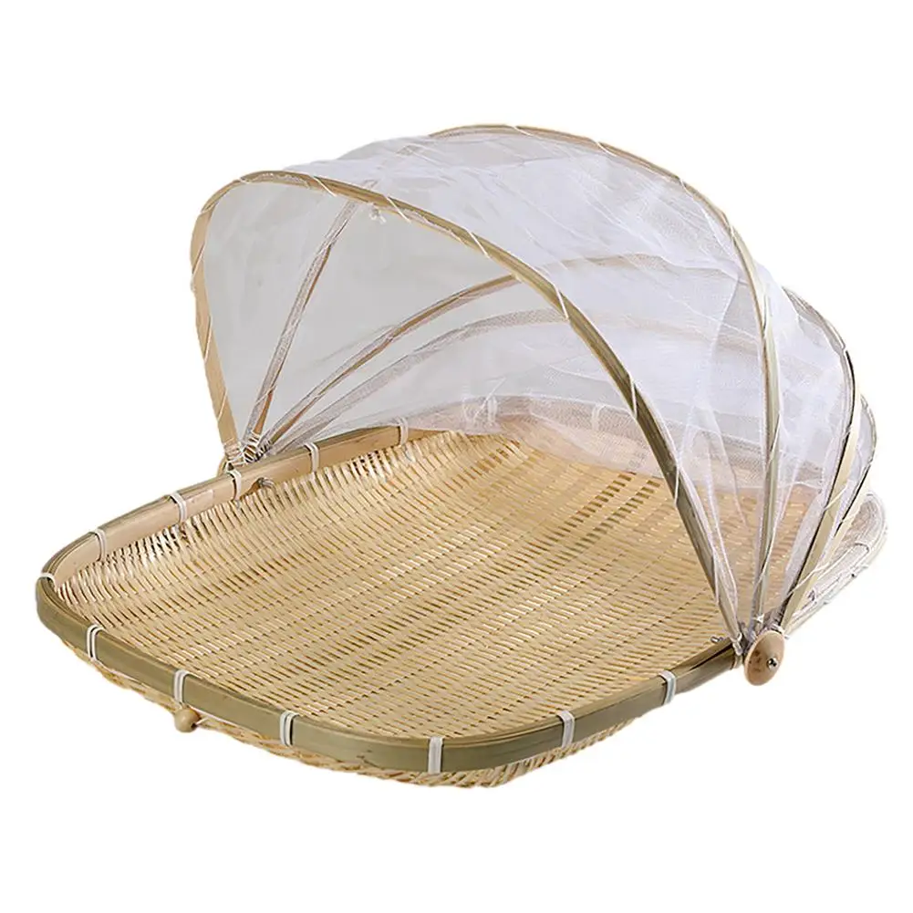

2021 Handmade Bamboo Wicker Basket With Gauze Bug Proof Dustproof Food Fruit Vegetable Bread Basket Cover Bakery Eco-friendly