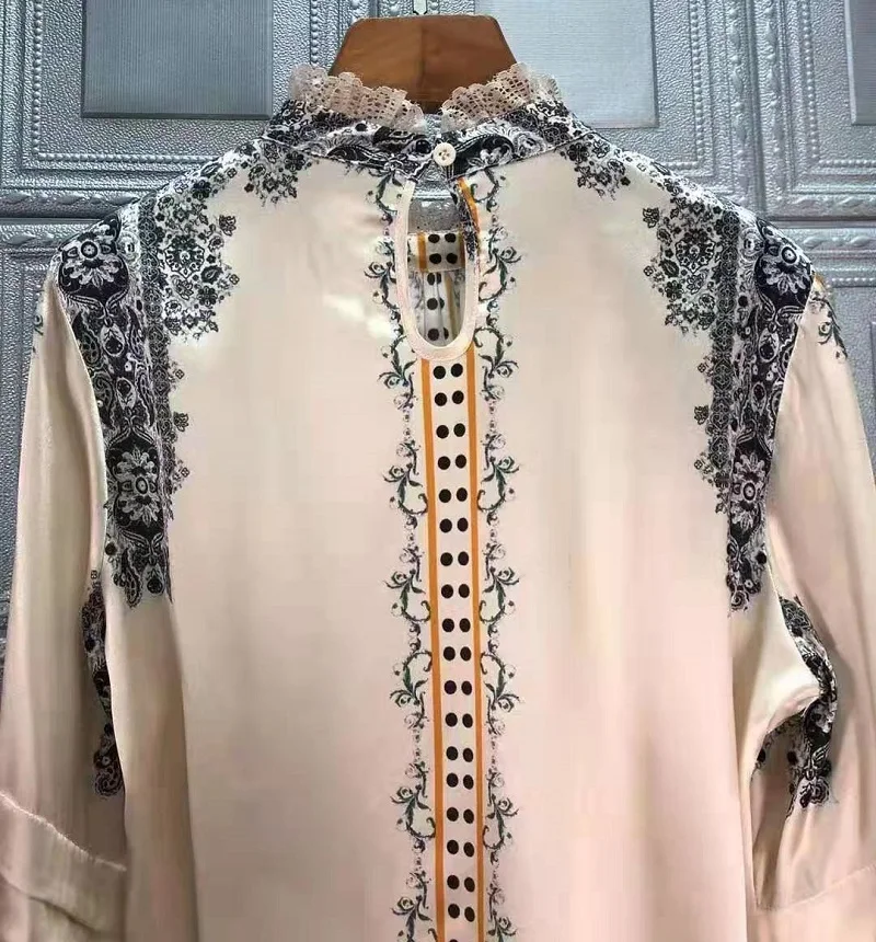

Top Quality Silk Blouse 2021 Spring Summer Shirt Women Stand Neck Vintage Print Long Sleeve Casual Tops Shirt Blusas Feminino