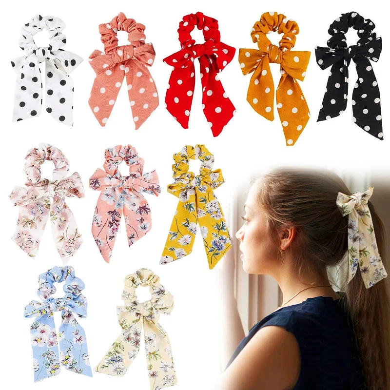 

Fashion Floral Scrunchies Candy Color Print Hair ribbon For Women Ponytail scarf Satin Silk Elastic Hair Bands Hair Accessories