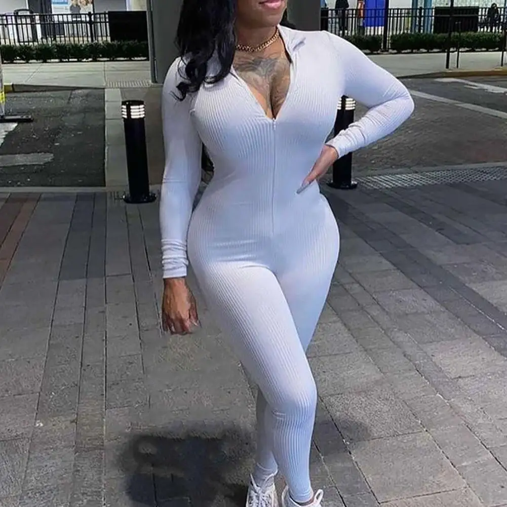 

Autumn Women Solid Color Long Sleeve Turtle Neck Ribbed Skinny Jumpsuit Overall