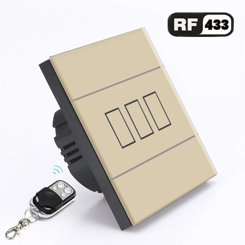 Remote 3 gang golden Европейский стандарт, электрический переключатель, черный/белый/золотой кристалл, стеклянная панель, сенсорный датчик, настенный светильник, переключатель дистанционного управления, Rf433 - Цвет: Remote 3 gang golden