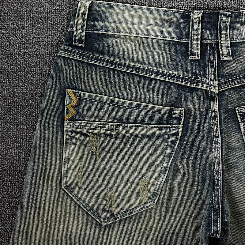 European American Vintage Fashion Men Jeans Retro Yellow Blue Distressed Short Ripped Jeans Men Summer Designer Denim Shorts