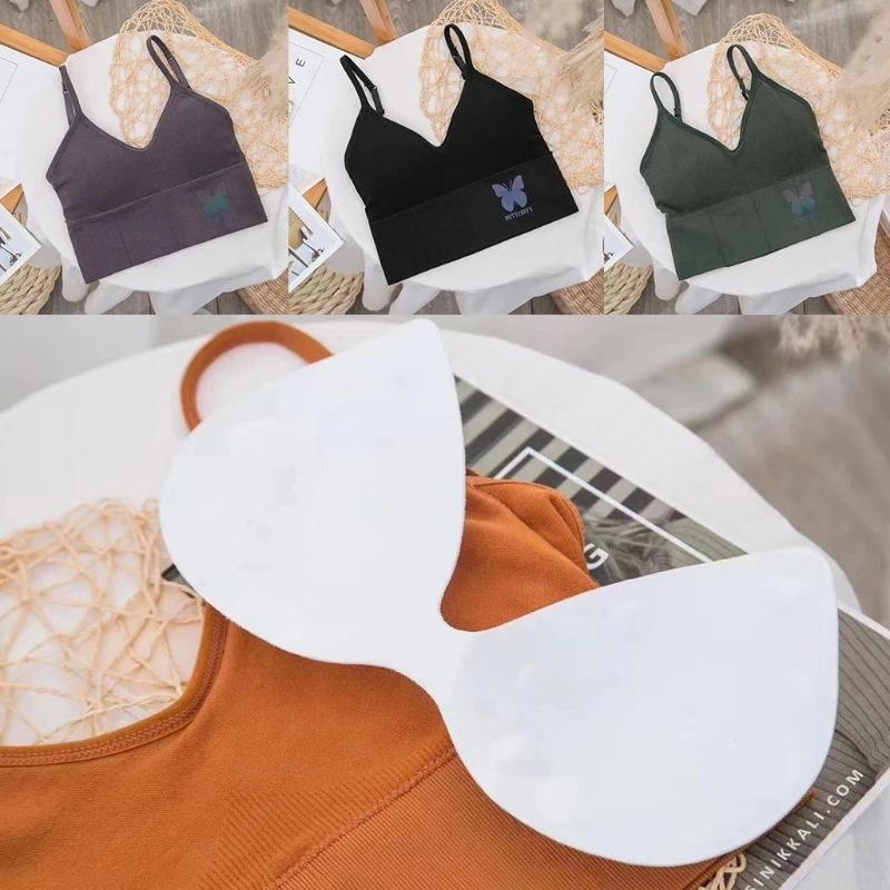

5pcs Women Sexy V-Neck Bralette Low Cut Backless Cami Bra Reflective Butterfly Print Tank Top Wireless Padded Underwear