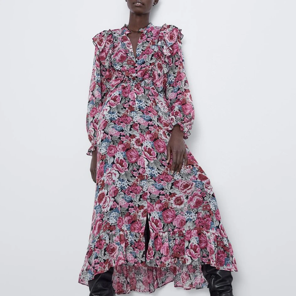 2019 зимнее Новое Каскадное Элегантное Длинное платье с цветочным принтом женское