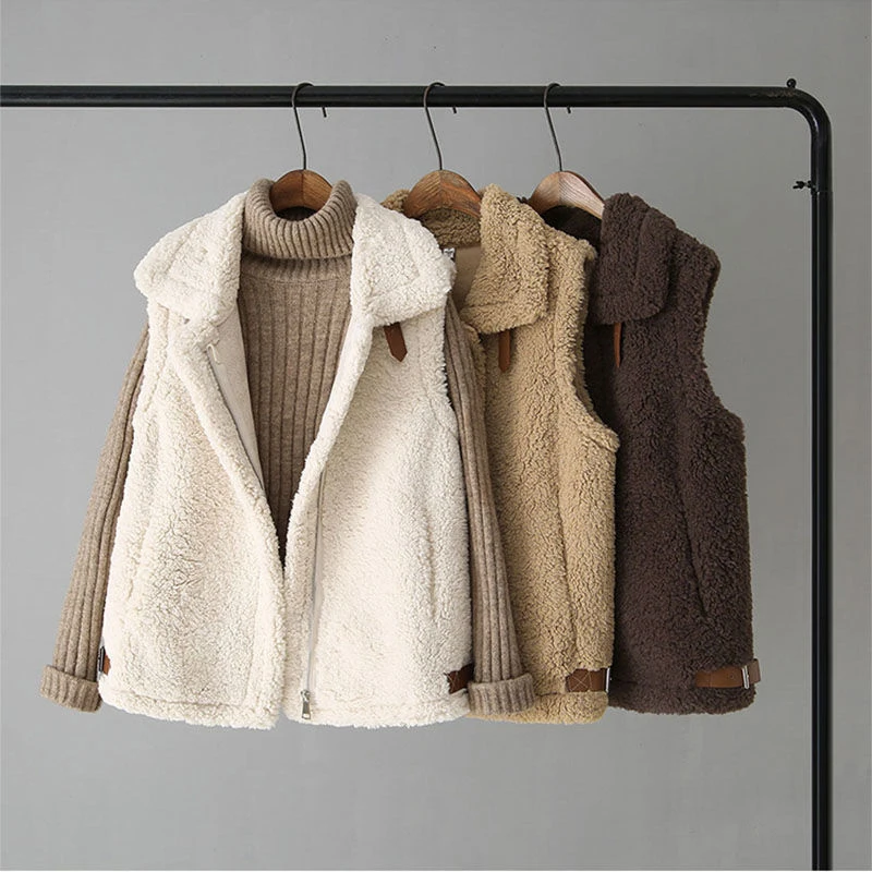 

Lucyever 2021 Winter Lamb Wool Vest Women Fashion Zipper Turndown Collar Sleeveless Jacket Brown Thicken Warm Waistcoat Female