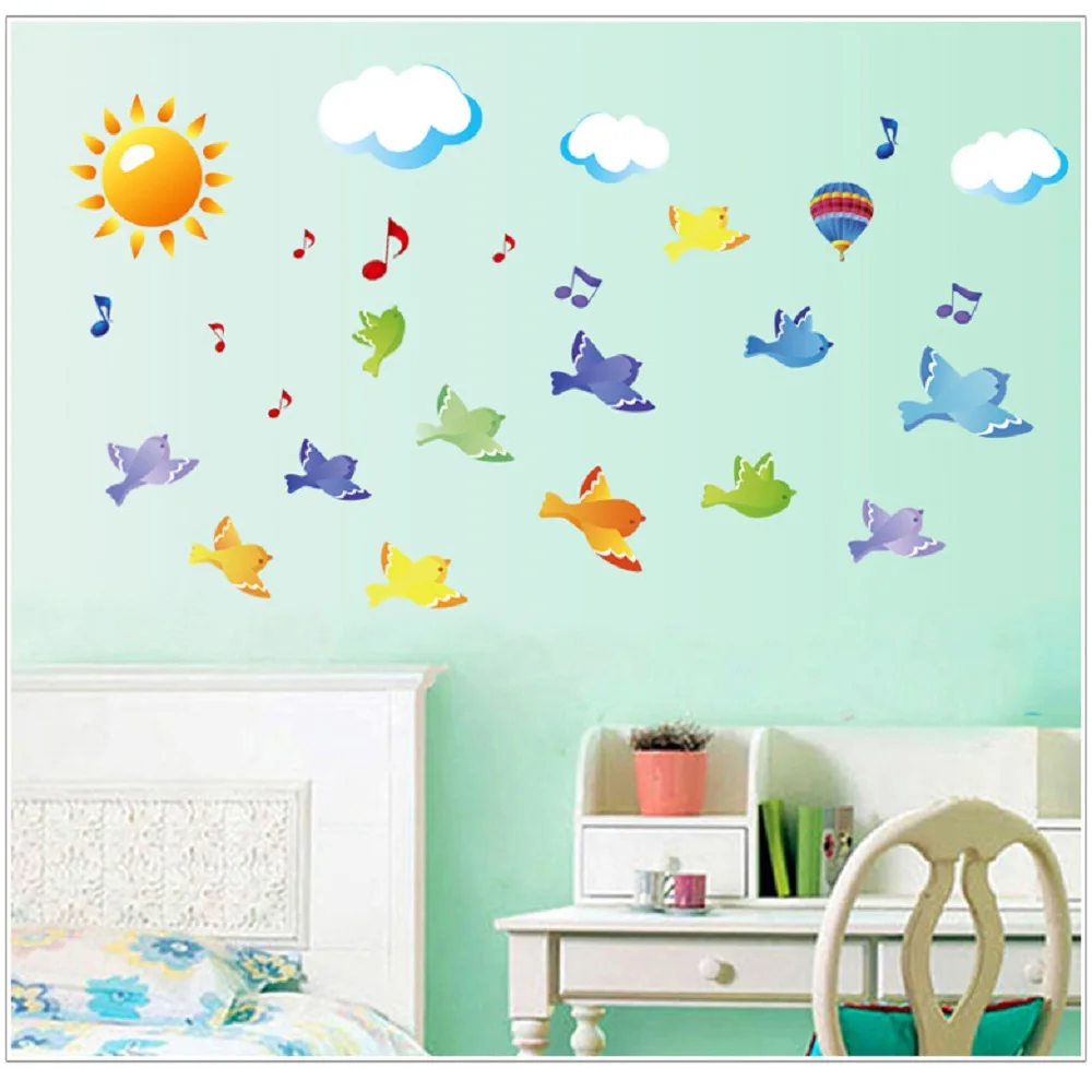 

Sky Birds Sun Balloon Cloud Cartoon Wall Sticker for Bedroom Kid Sroom Living room Home Decor vinyl Kindergarten poster AY7265