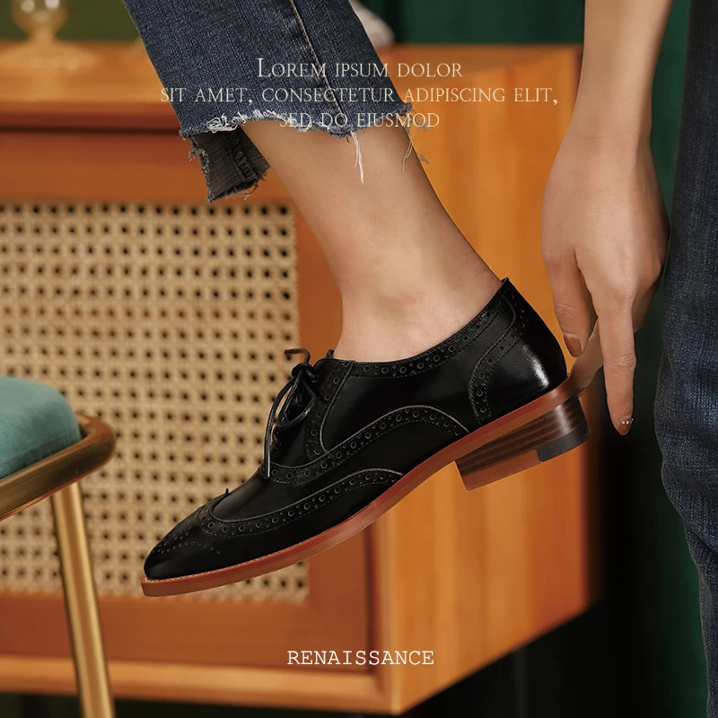 

INS HOT women pumps natural leather 22-24.5cm length First layer cowhide Low heel lace Brock retro shoes shoes woman fashion