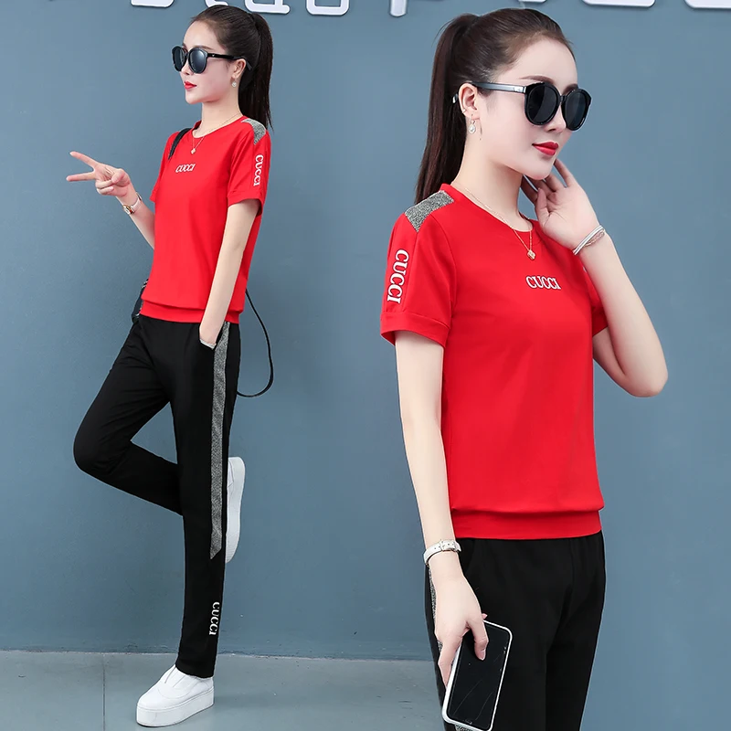 

Casual 2 Piece Sets Womens Outfits Summer 2020 New Short Sleeved Sportswear Trousers Plus Size Two Piece Sets Red Purple Clothes