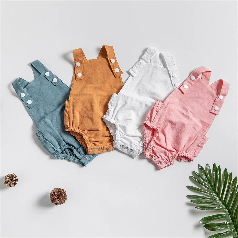 

Summer Cotton And Linen Newborn Bodysuit Girls Solid Color Romper New Baby Outing One-Piece Children's Clothing