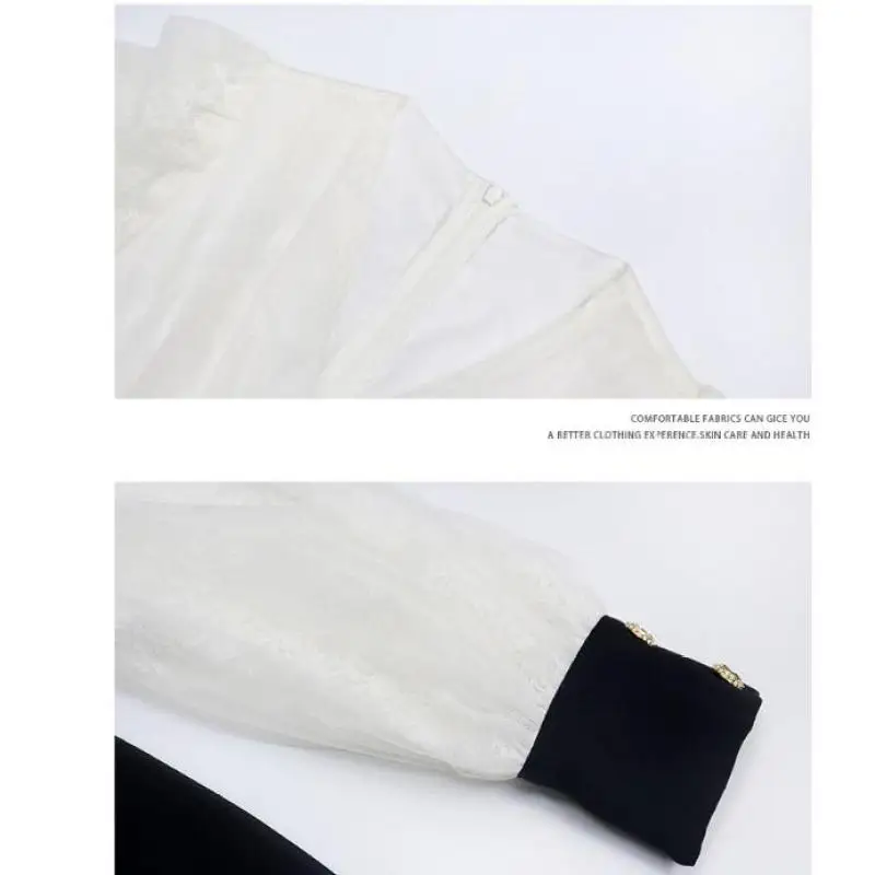 

Autumn New Fake Two-piece V-neck Slimming Mesh Lace Dress Women Office Elegant Sweet Skirt Fashion Long Sleeve Waist Mini Skirt