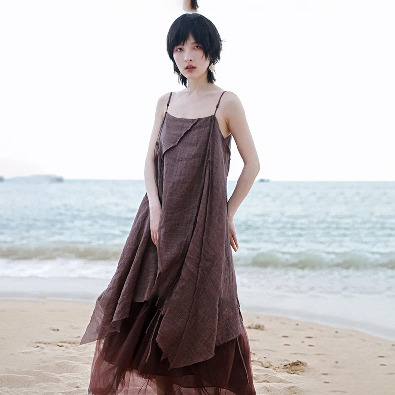 

IEQJ Women Elegant Beach Retro Irregular Mesh Stitching Suspender Dress New Sleeveless Loose Fashion Tide Summer 2021 3F0280