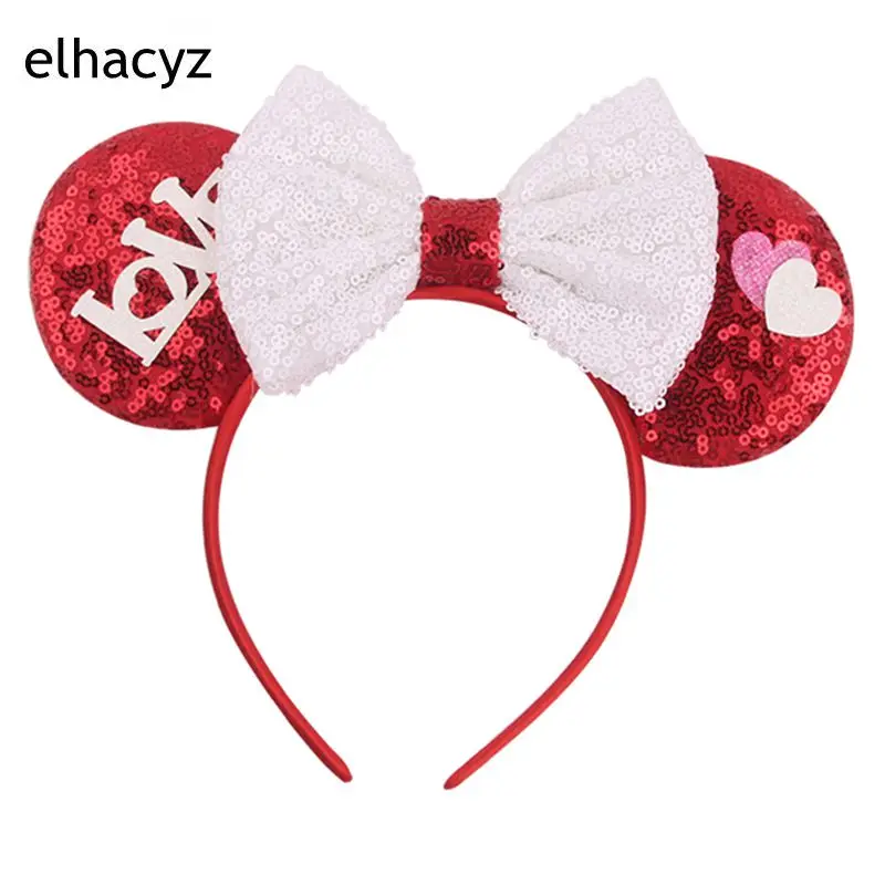 

2021 NEW Valentine's Day Sweet Pink Mouse Ears Headband 5'' Sequins Bow Hairband Love Red Lips Women Headwear Hair Accessories