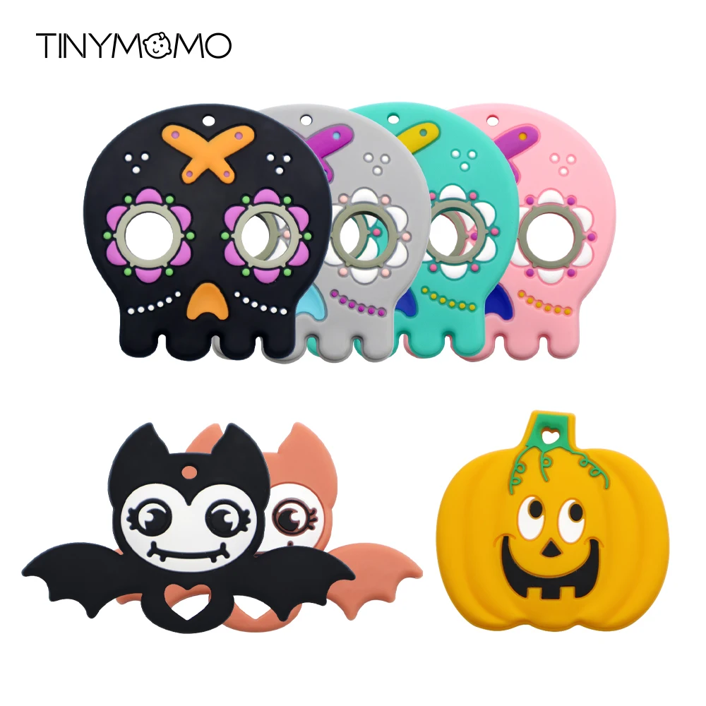 Mordedor de silicona de grado alimenticio, colgante de cadena de chupete de cr&aacute;neo calabaza y murci&eacute;lago para Halloween, Juguetes DIY, 1 Uds.-0