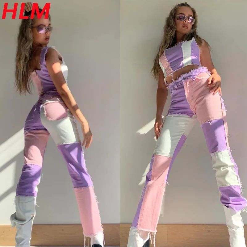 

HLM 2021 Fashion High Waist Denim Trousers Patchwork Straight Leg Jeans Vintage Blue Brown Street Style Casual Pants