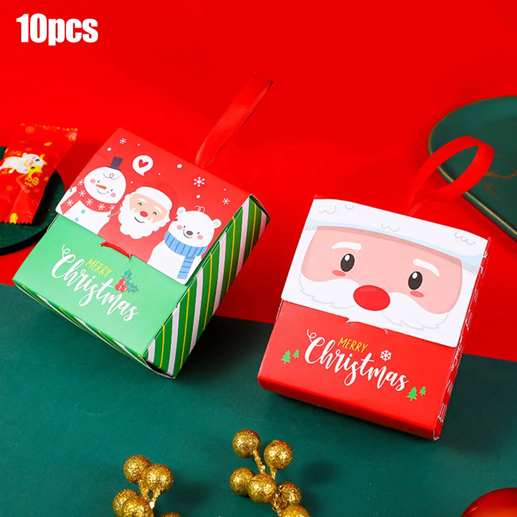 

10Pcs Christmas Paper Candy Box 9x9.5*4.1cm Cube Designs Party Favour Candy Biscuit Hanging Gift Boxes