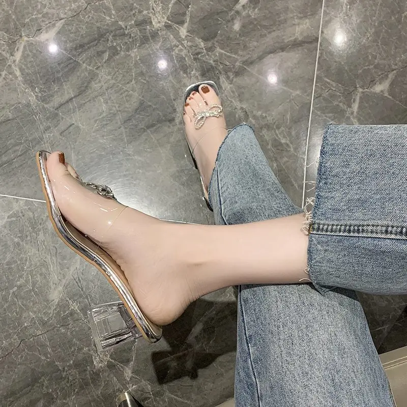 

Spring and summer new style fish mouth fashion sexy rhinestone bow transparent thick heel foreign trade 45 cool half support