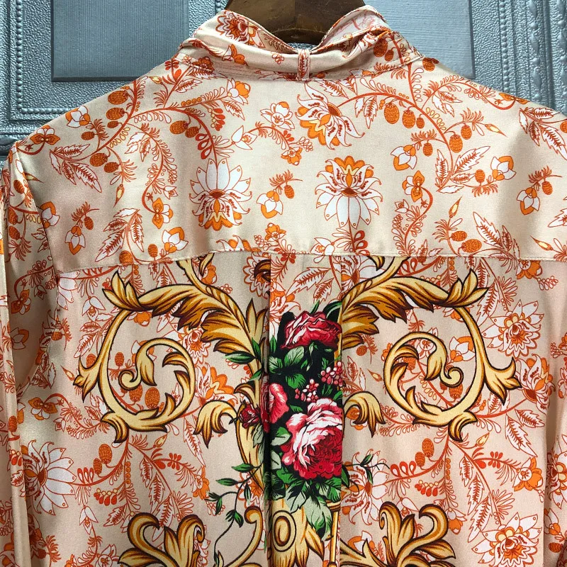 

Bow Tie Elegant Shirts 2021 Spring Summer Shirt Top Quality Silk Women Vintage Print Long Sleeve Casual Silk Blouse Shirt Femme