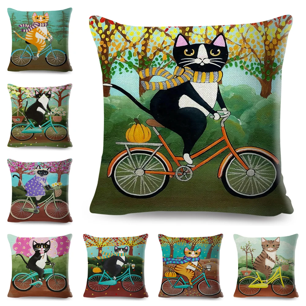 Cartoon Driving Bike Cat Cushion Cover Decor Cute Bicycle Pet Animal Pillowcase Polyester Pillow Case for Sofa Home 45x45cm