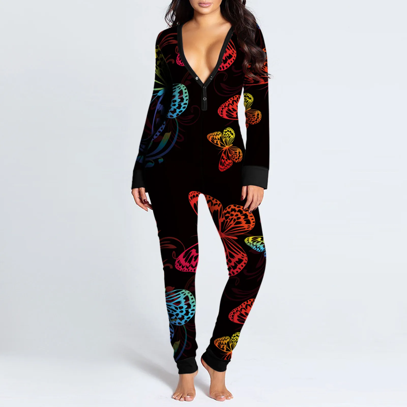 

sexy onesie women Women Print Long Sleeve Button Flap Nightwear Jumpsuit Bodysuit Playsuit Romper