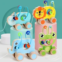 children educational cartoon animal toddler drag toy small round bead trailer wooden round bead toy gifts