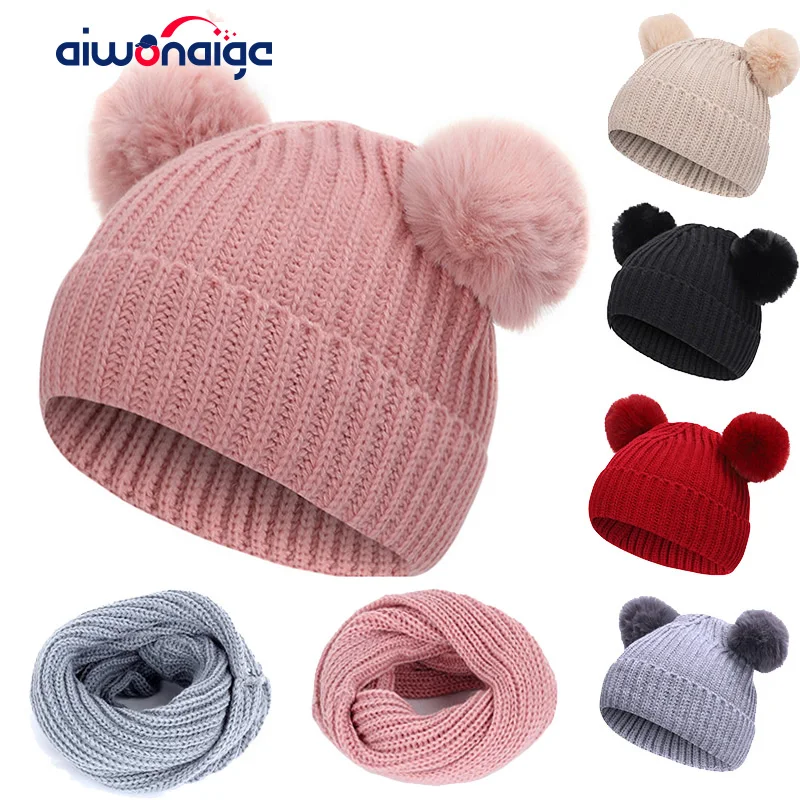 Новинка 2019 2 предмета зимняя шапка шарф Меховая детская вязаная теплая с помпоном