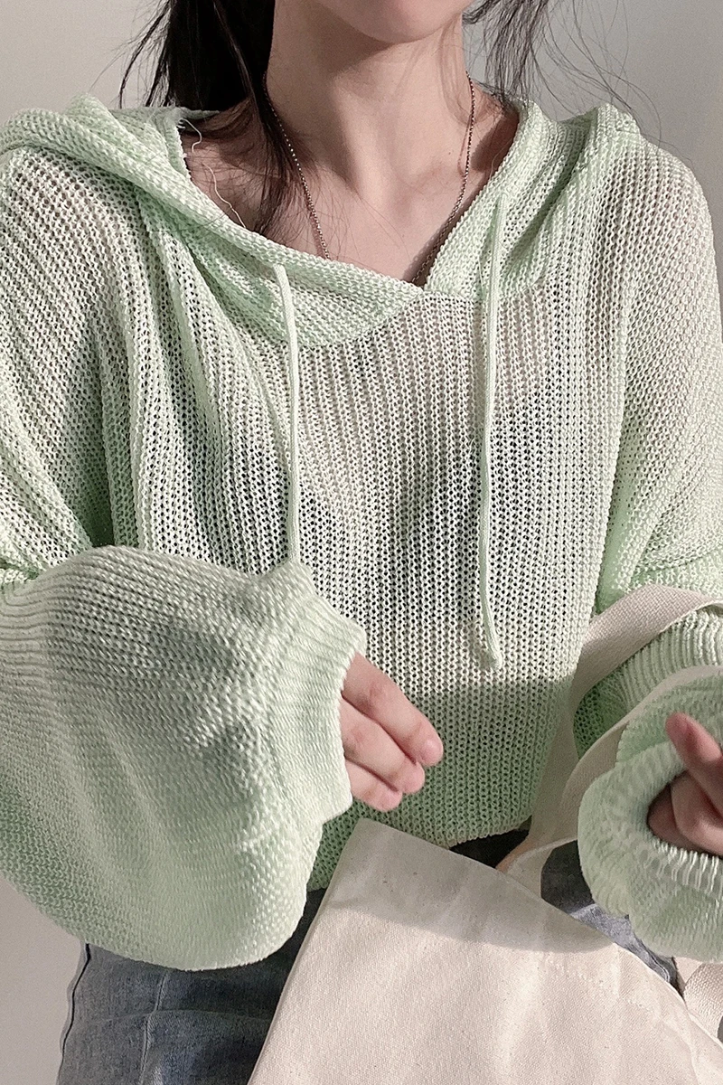 

Korea chic small fresh hooded pullover loose casual thin section micro-transparent lantern sleeve sweater blouse women