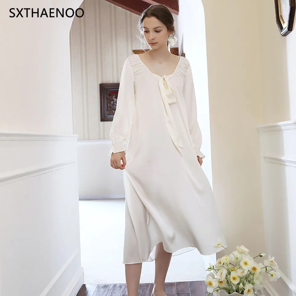

SXTHAENOO Women Autumn Vintage Nightgowns Sexy V Neck Ice Silk Fairy Long Night Dress Victorian Elegant Lady Home Sleepwear
