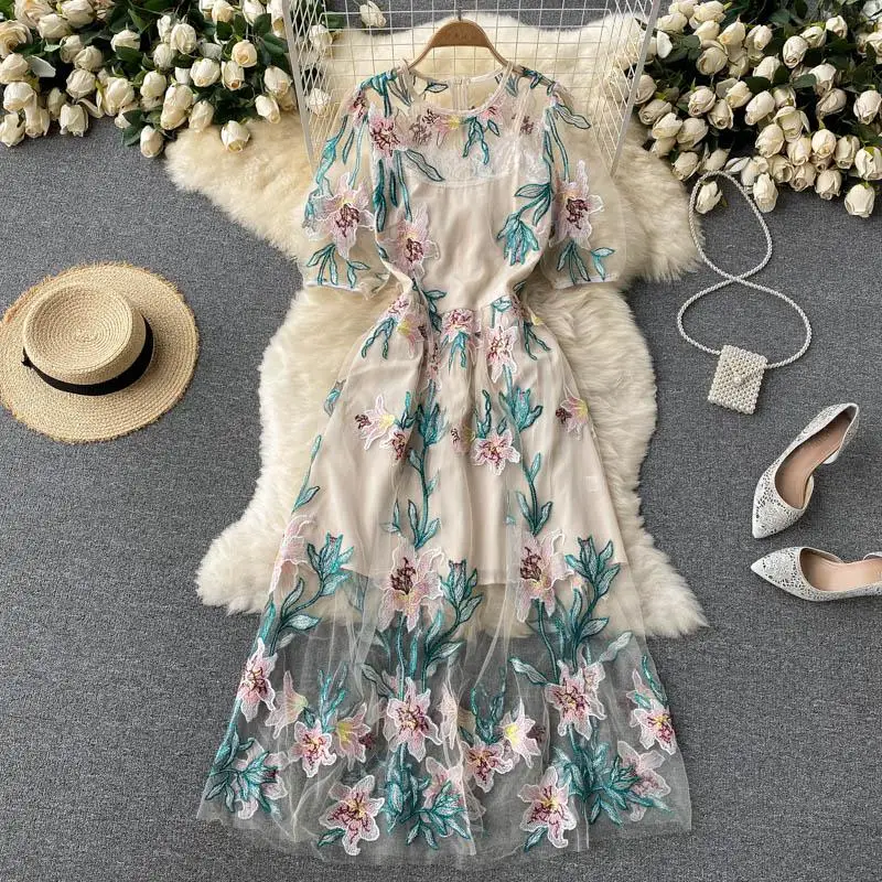 

Designer Runway Mesh Dress Summer Women Vintage High Quality Flower Embroidery Elegant Party Long Midi Dresses