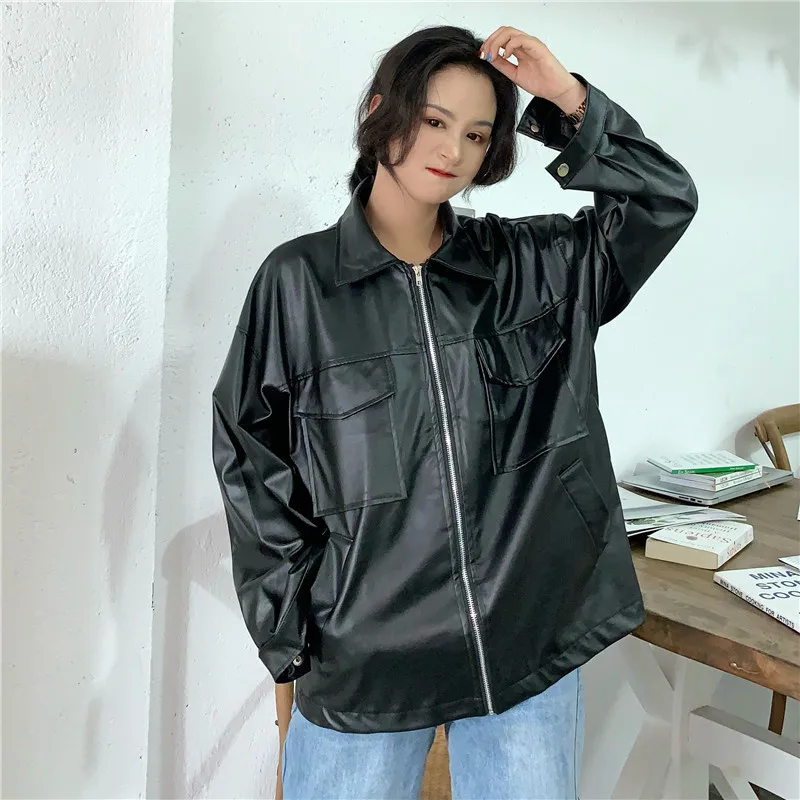 

Women's Spring Jacket Harajuku Female Windbreaker Y2k Clothes Women's Leather Jacket Pockets Vintage Jacket Slim Fashion Casual