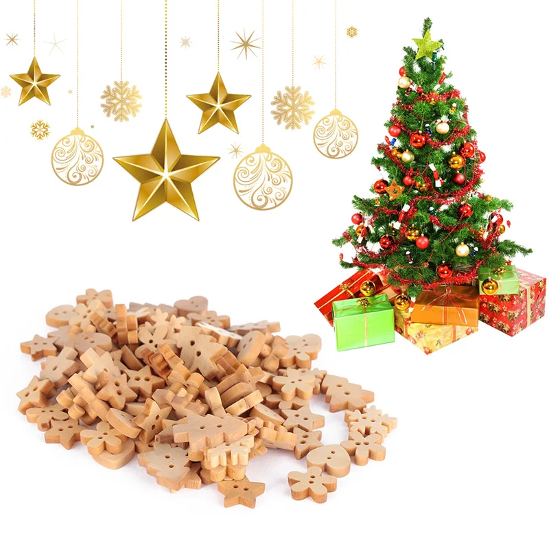 

100/200PCS Mixed Christmas Tree Snowflake Wooden Buttons 2 Holes Nature Wooden Sewing Button Christmas Decorative DIY Crafts