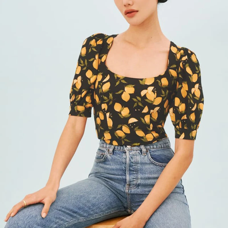 

Summer women's casual printed lapel short-sleeved slim-fit shirt