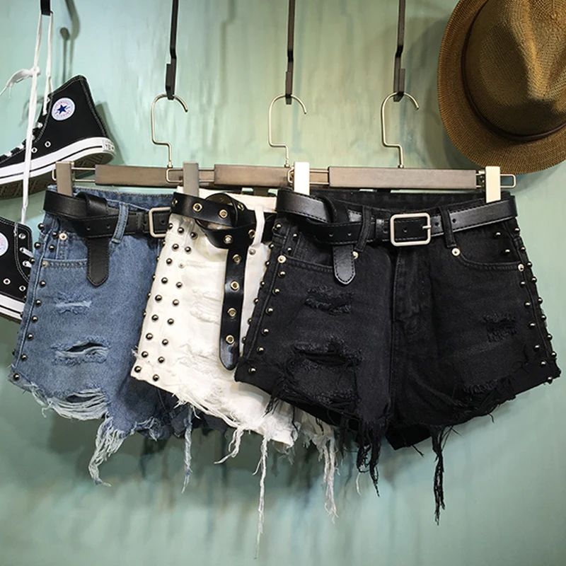 Асимметричные тяжелые Промышленные джинсовые шорты с заклепками женские летние