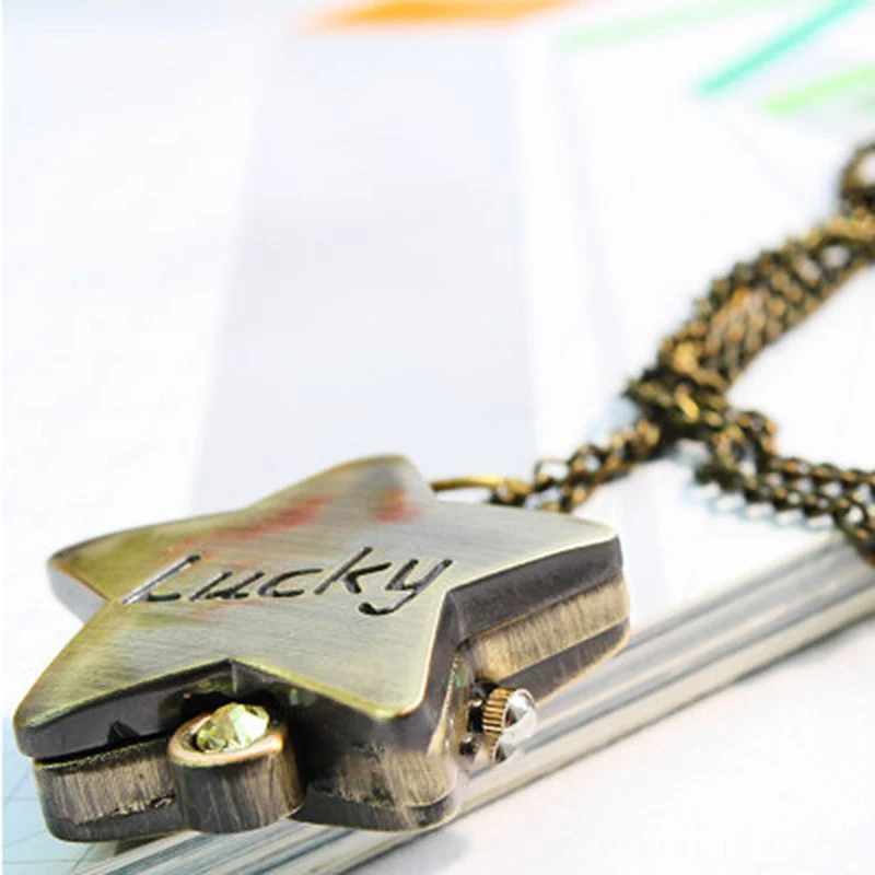 

Antique Lucky Star Bronze Quartz Necklace Pendant Pocket Watch Gift